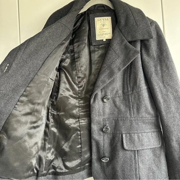 Guess Wool Coat Military Inspired Gray Size Large Pockets Button Front - Picture 6 of 9